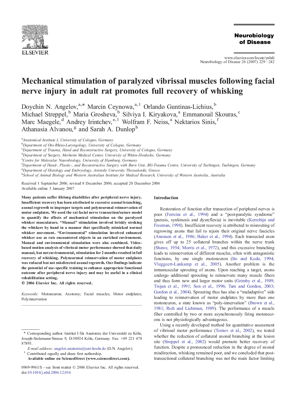 Mechanical stimulation of paralyzed vibrissal muscles following facial nerve injury in adult rat promotes full recovery of whisking