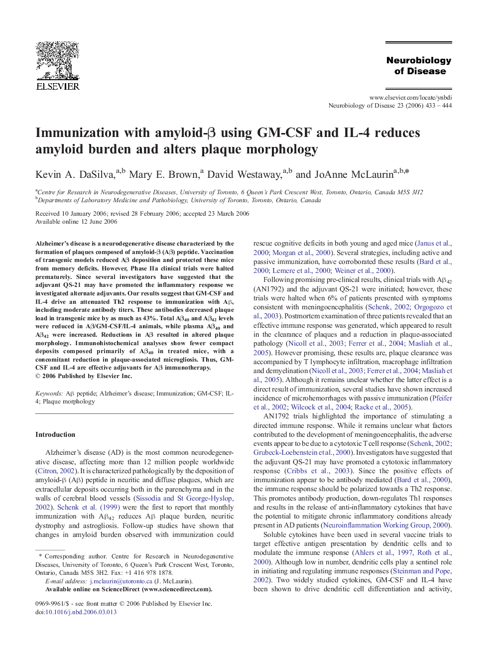 Immunization with amyloid-β using GM-CSF and IL-4 reduces amyloid burden and alters plaque morphology