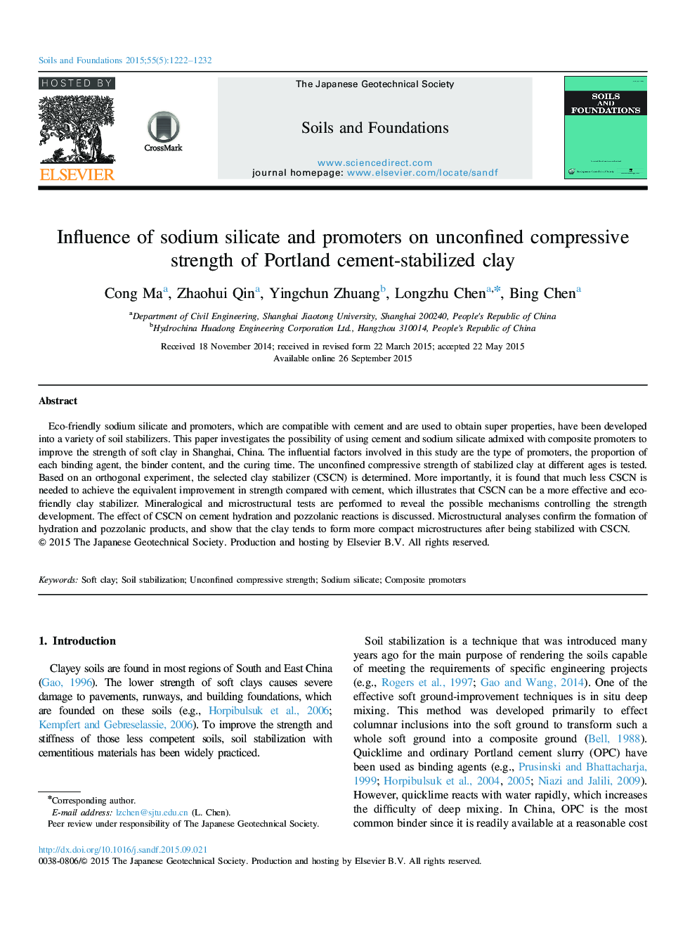 Influence of sodium silicate and promoters on unconfined compressive strength of Portland cement-stabilized clay