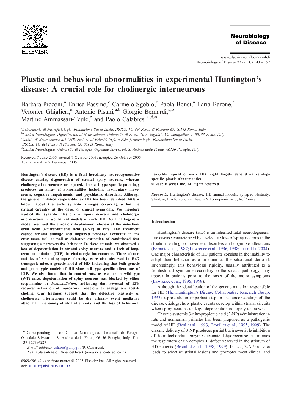 Plastic and behavioral abnormalities in experimental Huntington's disease: A crucial role for cholinergic interneurons