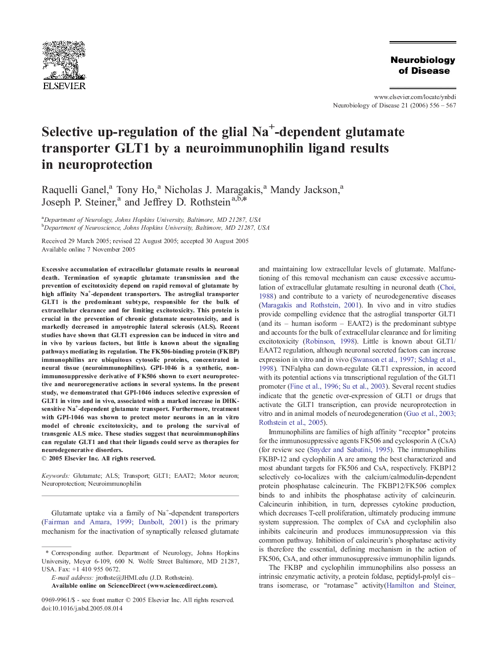 Selective up-regulation of the glial Na+-dependent glutamate transporter GLT1 by a neuroimmunophilin ligand results in neuroprotection