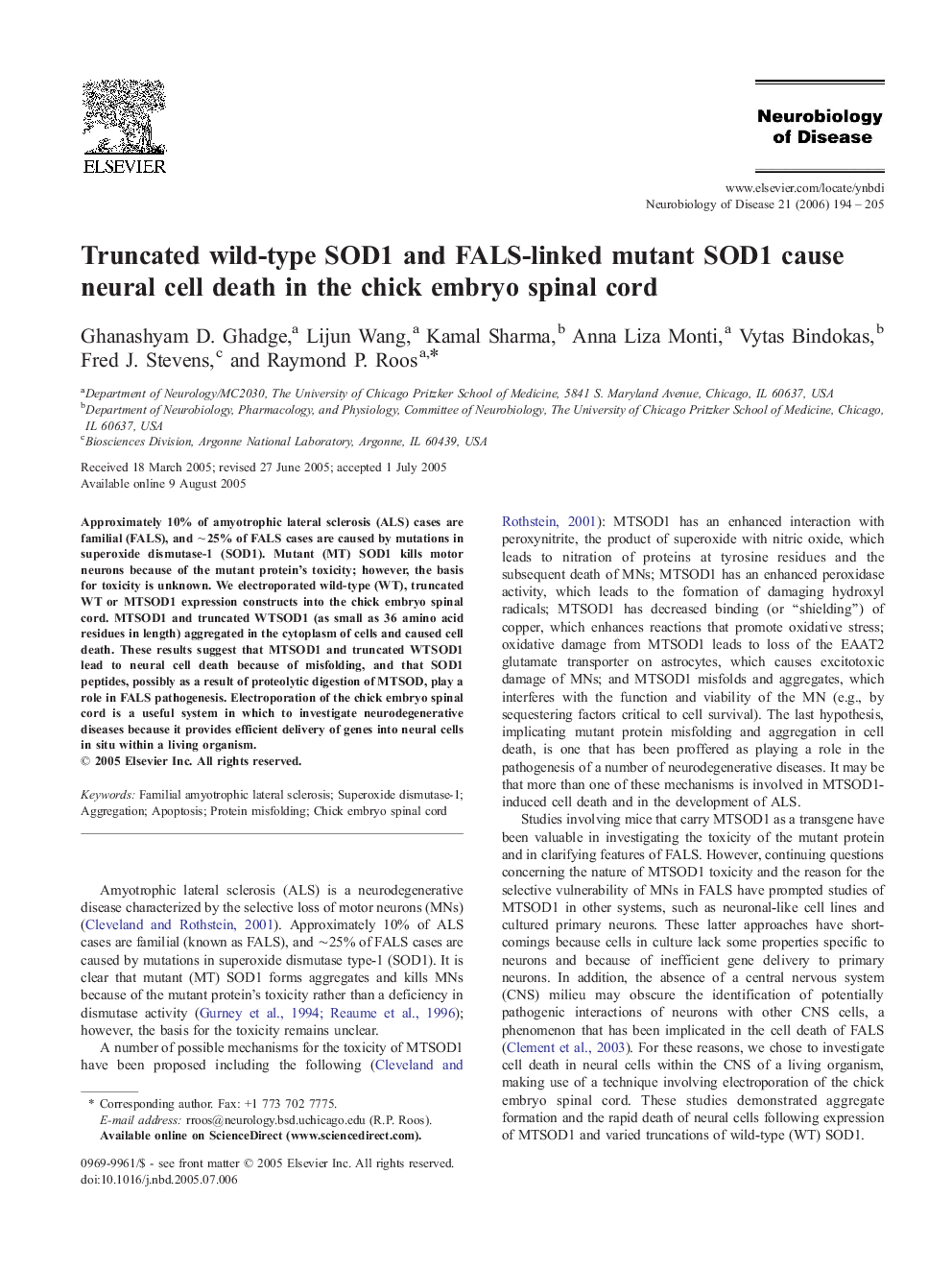 Truncated wild-type SOD1 and FALS-linked mutant SOD1 cause neural cell death in the chick embryo spinal cord