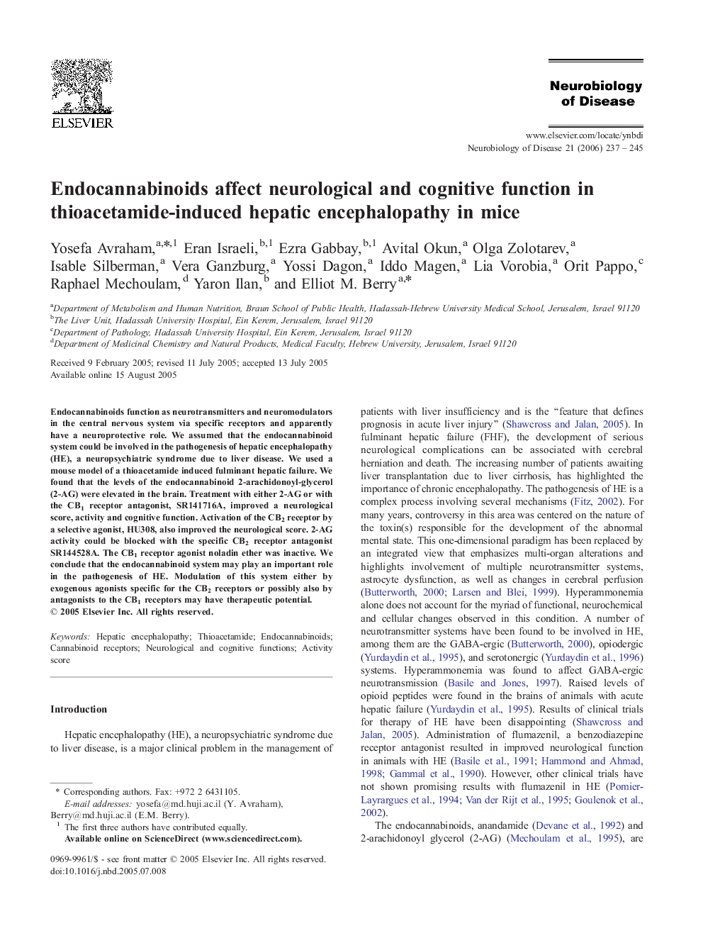 Endocannabinoids affect neurological and cognitive function in thioacetamide-induced hepatic encephalopathy in mice