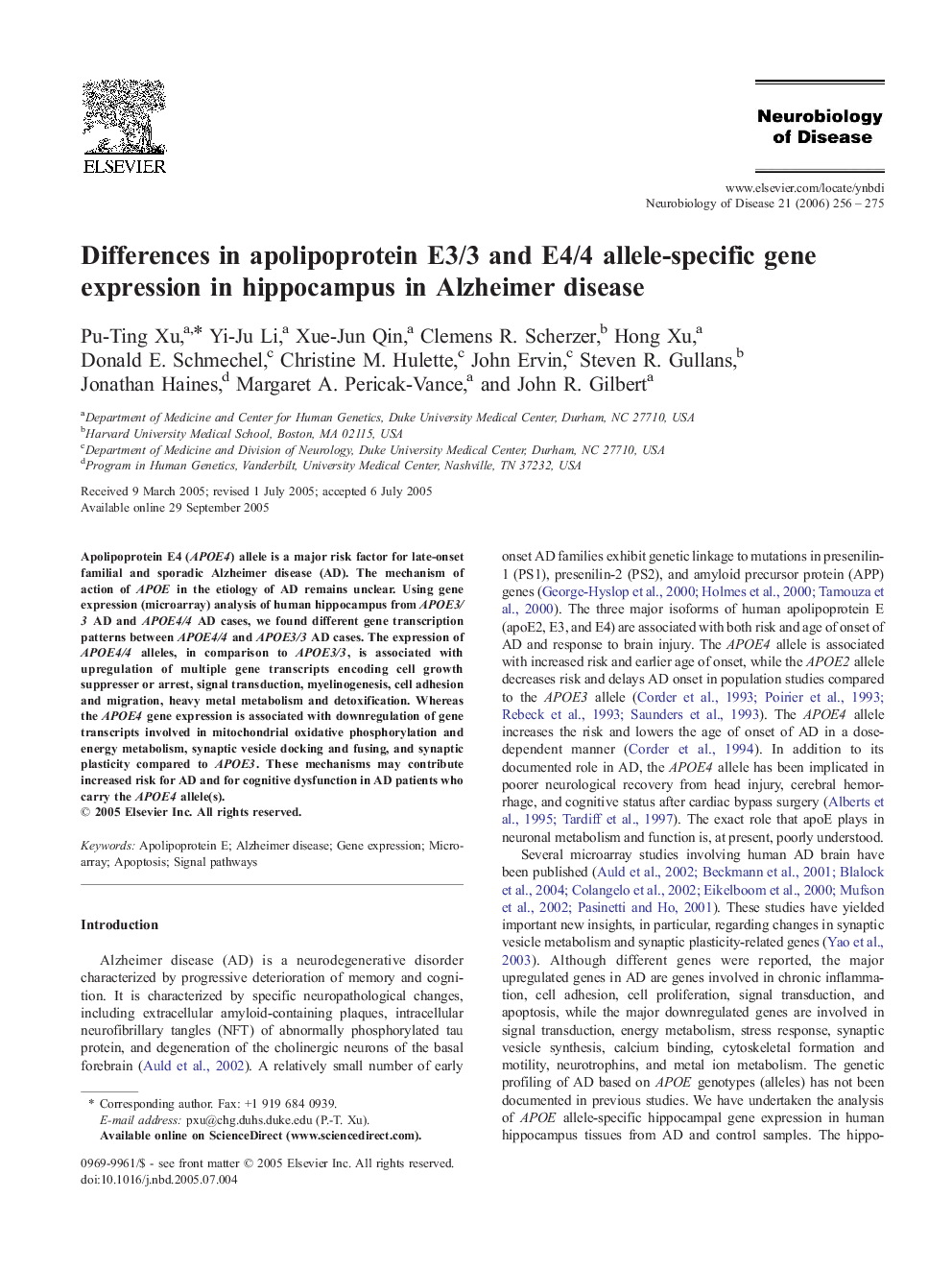 Differences in apolipoprotein E3/3 and E4/4 allele-specific gene expression in hippocampus in Alzheimer disease