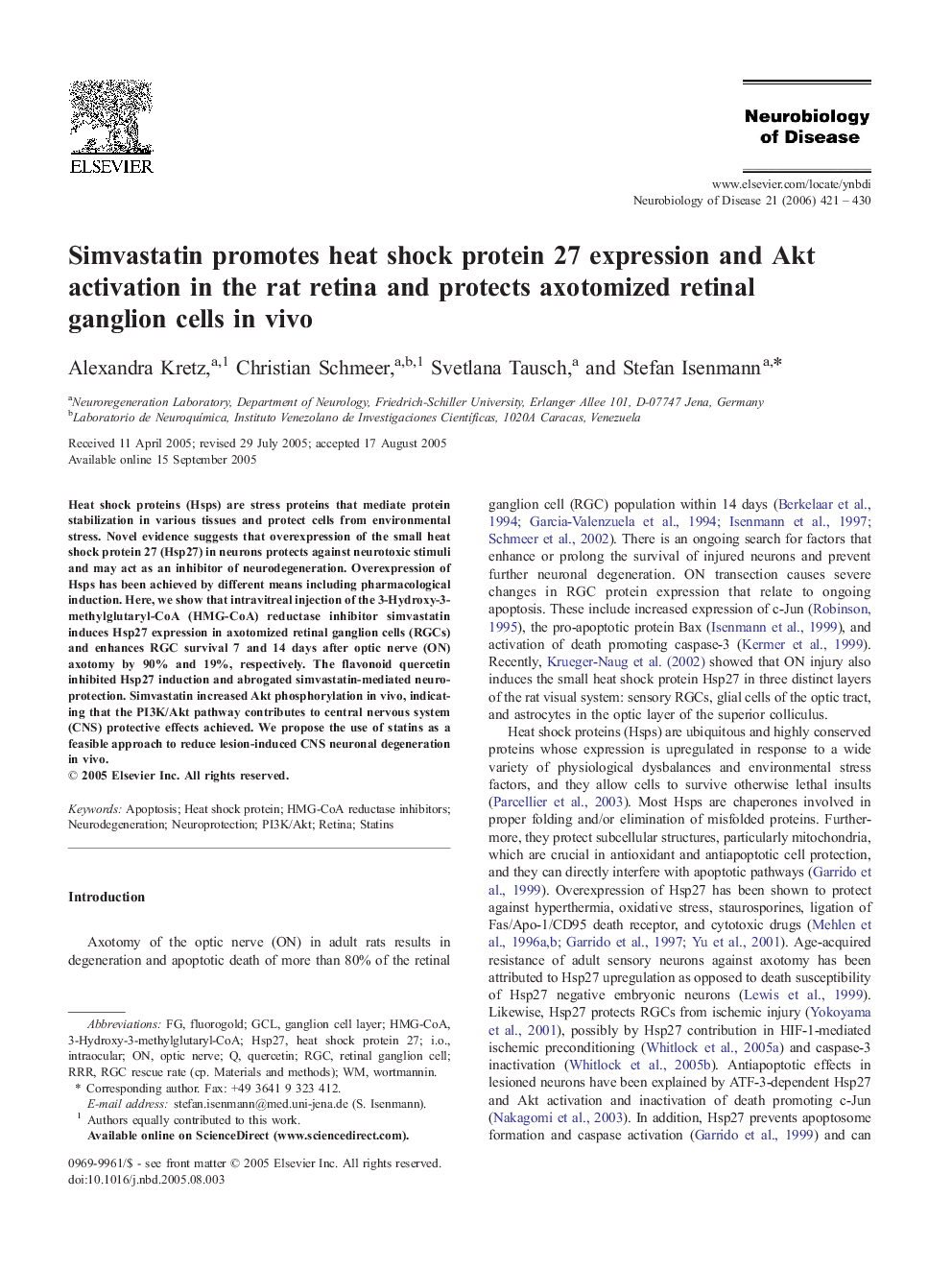 Simvastatin promotes heat shock protein 27 expression and Akt activation in the rat retina and protects axotomized retinal ganglion cells in vivo