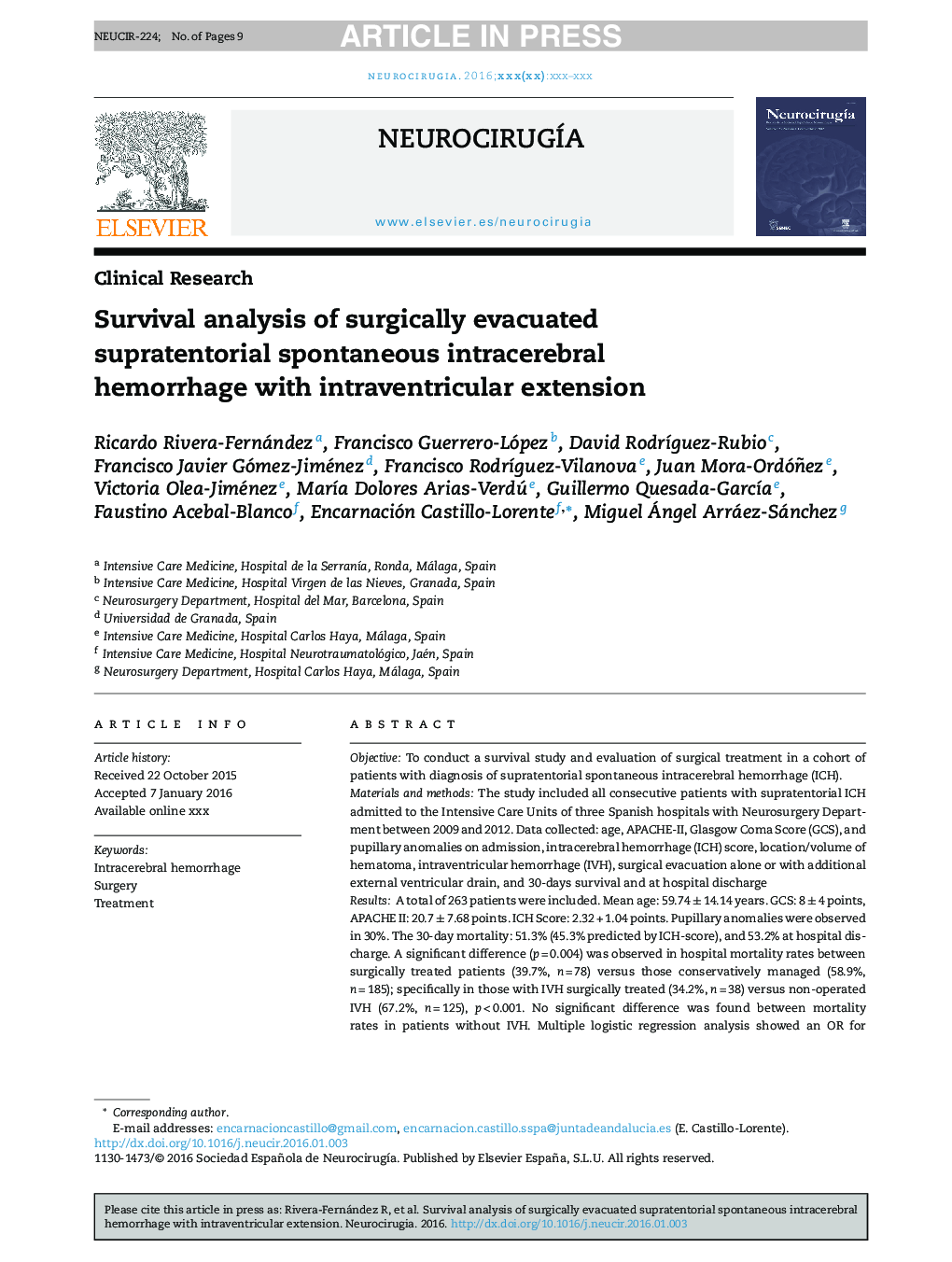 Survival analysis of surgically evacuated supratentorial spontaneous intracerebral hemorrhage with intraventricular extension