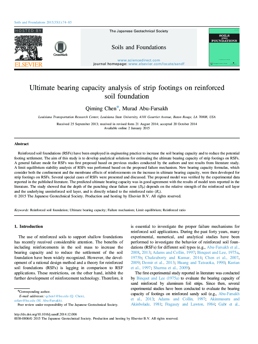 Ultimate bearing capacity analysis of strip footings on reinforced soil foundation 