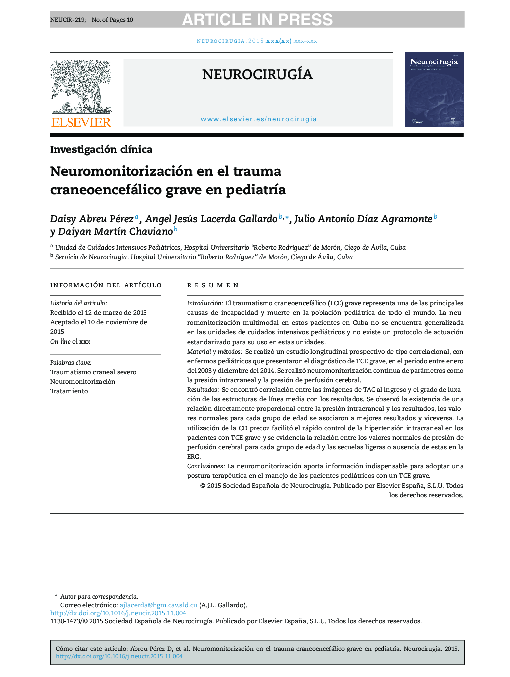 Neuromonitorización en el trauma craneoencefálico grave en pediatrÃ­a