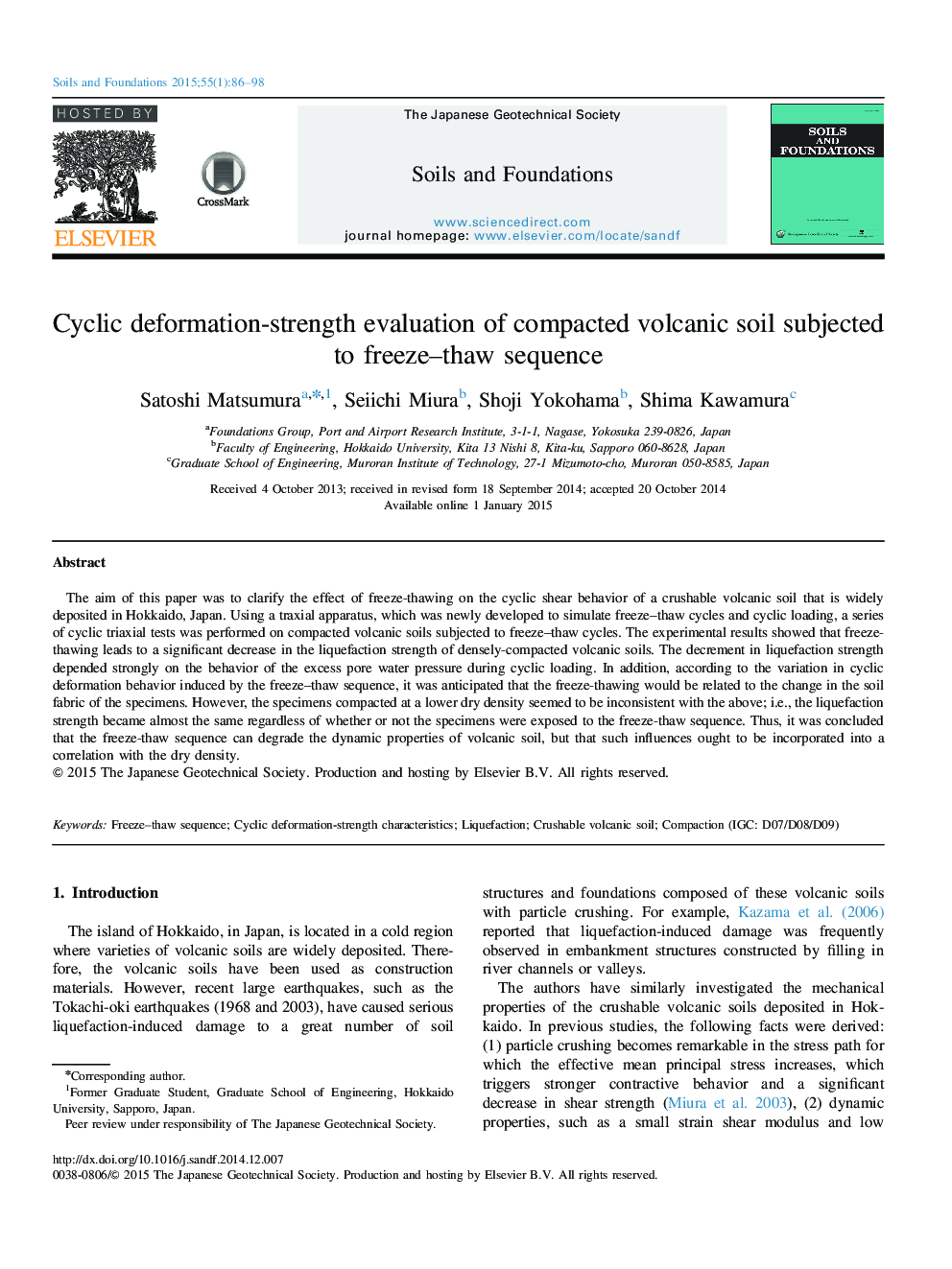 Cyclic deformation-strength evaluation of compacted volcanic soil subjected to freeze–thaw sequence 