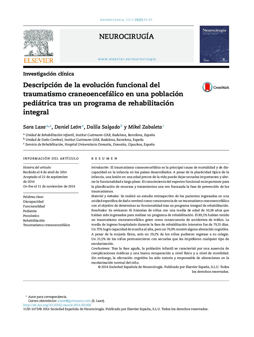 Descripción de la evolución funcional del traumatismo craneoencefálico en una población pediátrica tras un programa de rehabilitación integral