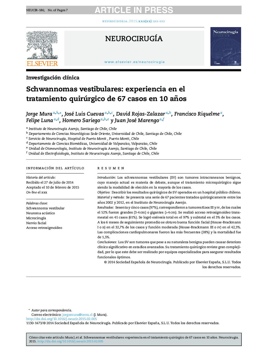 Schwannomas vestibulares: experiencia en el tratamiento quirúrgico de 67 casos en 10 años