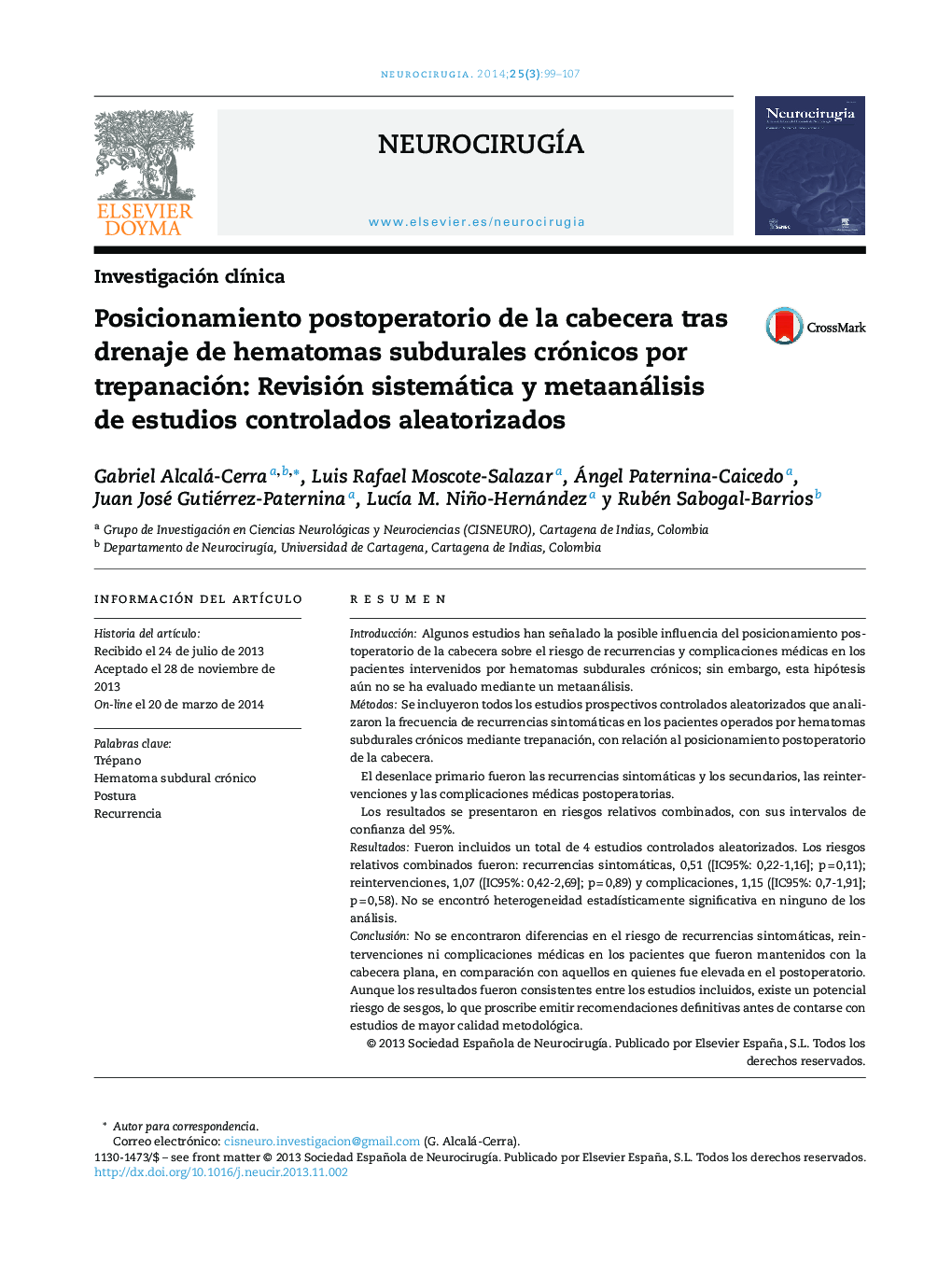 Posicionamiento postoperatorio de la cabecera tras drenaje de hematomas subdurales crónicos por trepanación: Revisión sistemática y metaanálisis de estudios controlados aleatorizados