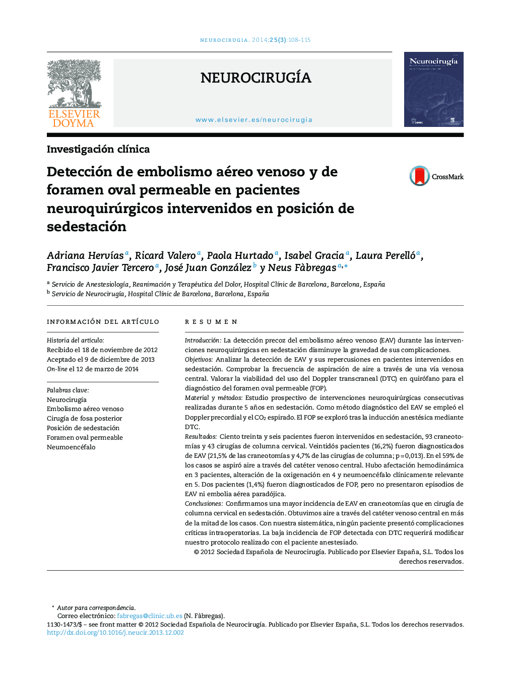 Detección de embolismo aéreo venoso y de foramen oval permeable en pacientes neuroquirúrgicos intervenidos en posición de sedestación