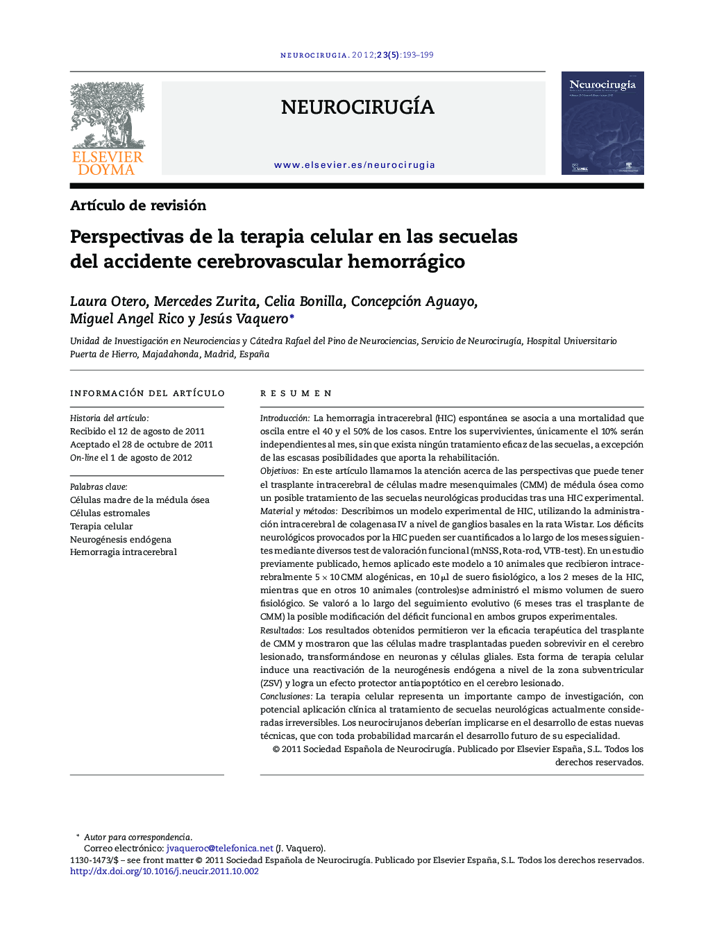 Perspectivas de la terapia celular en las secuelas del accidente cerebrovascular hemorrágico