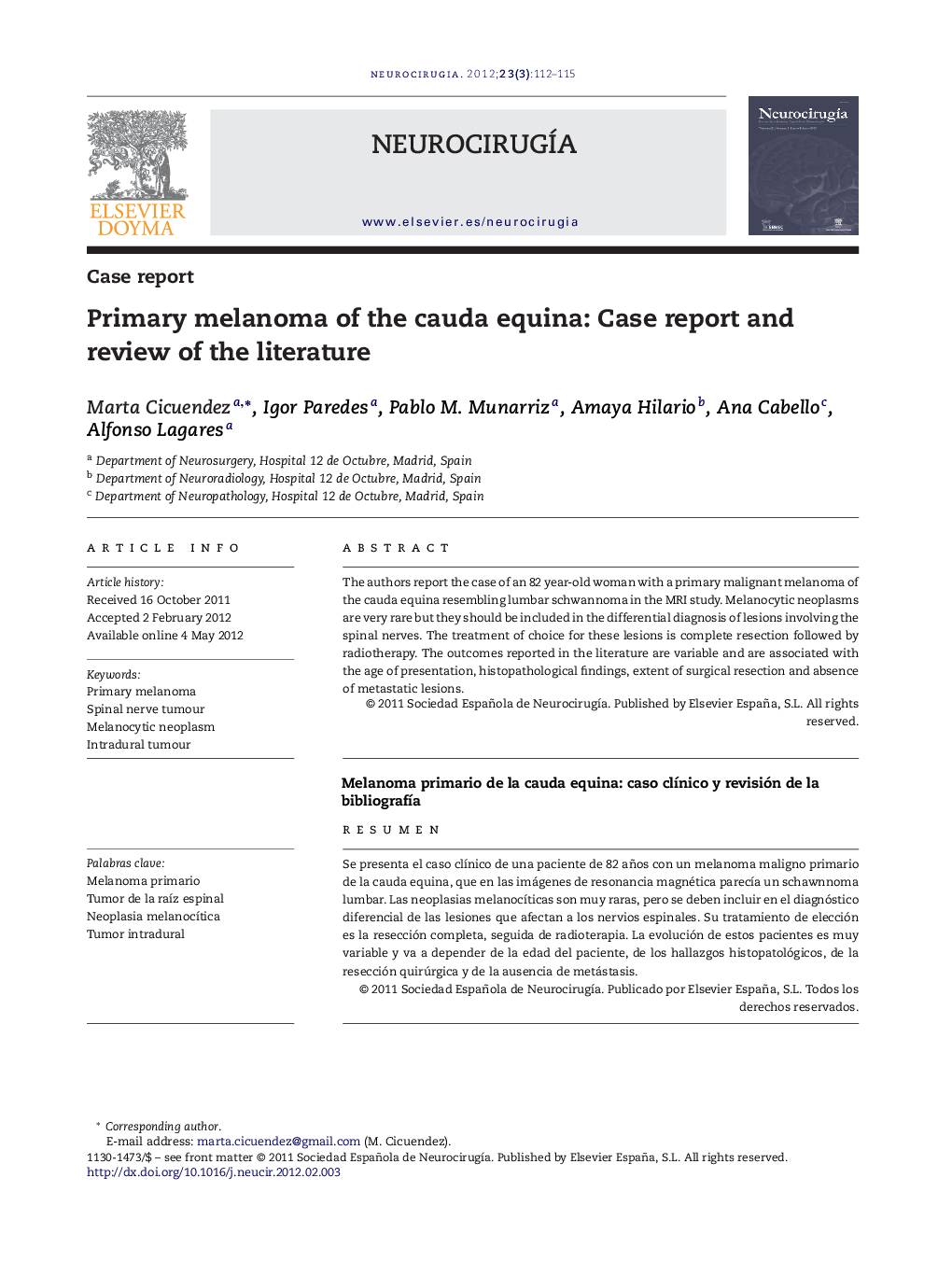 Primary melanoma of the cauda equina: Case report and review of the literature