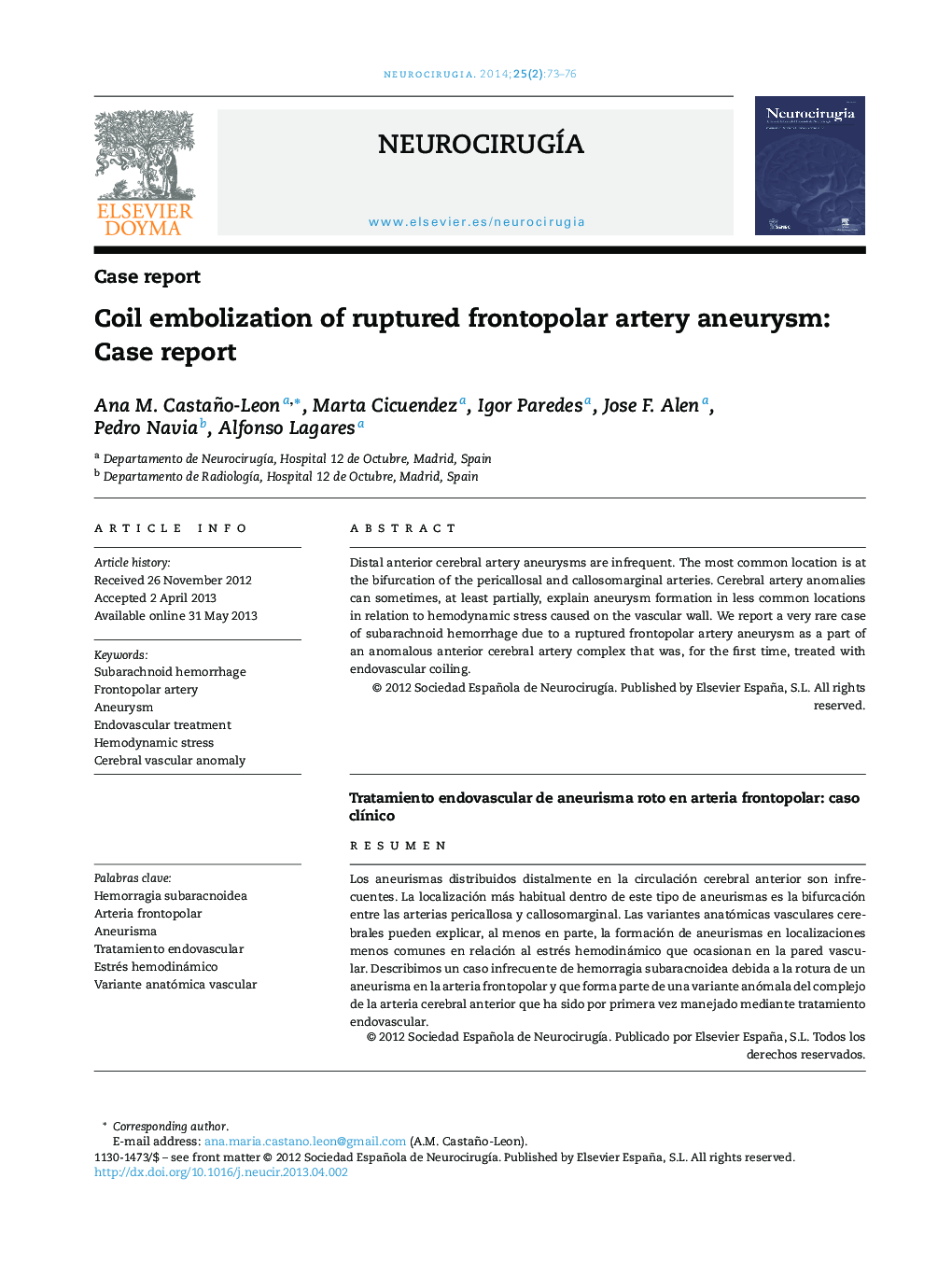 Coil embolization of ruptured frontopolar artery aneurysm: Case report