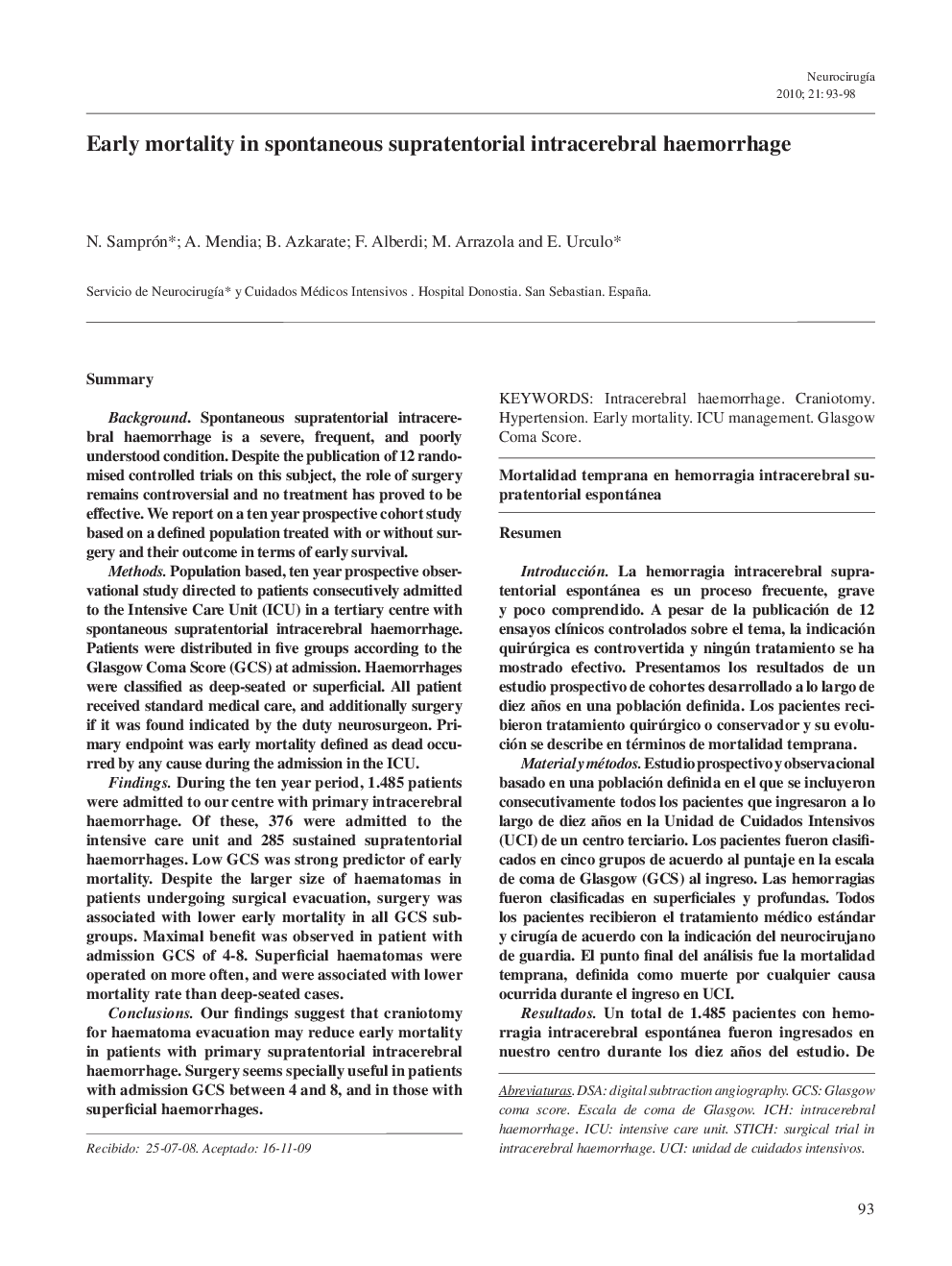 Early mortality in spontaneous supratentorial intracerebral haemorrhage