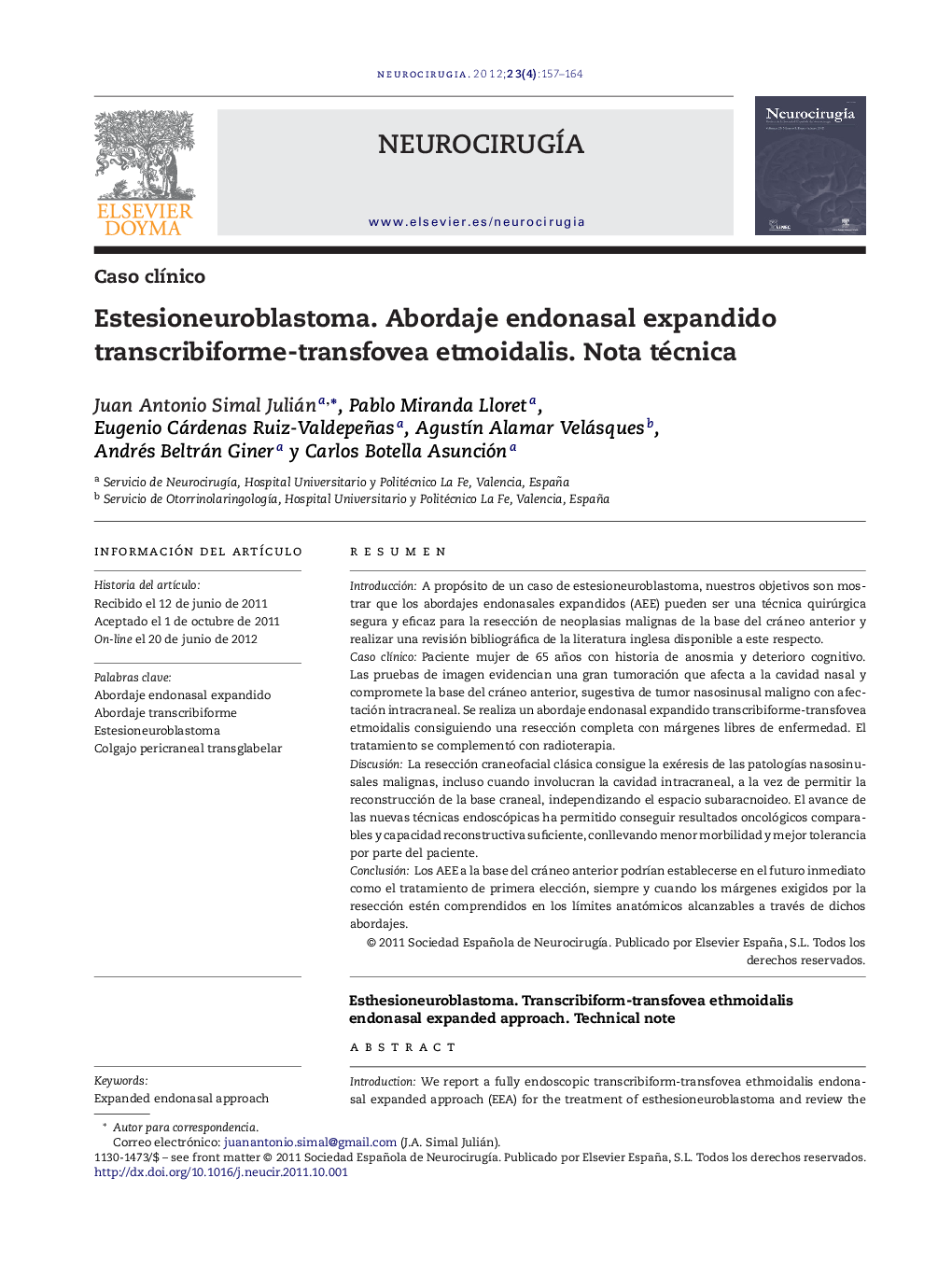 Estesioneuroblastoma. Abordaje endonasal expandido transcribiforme-transfovea etmoidalis. Nota técnica