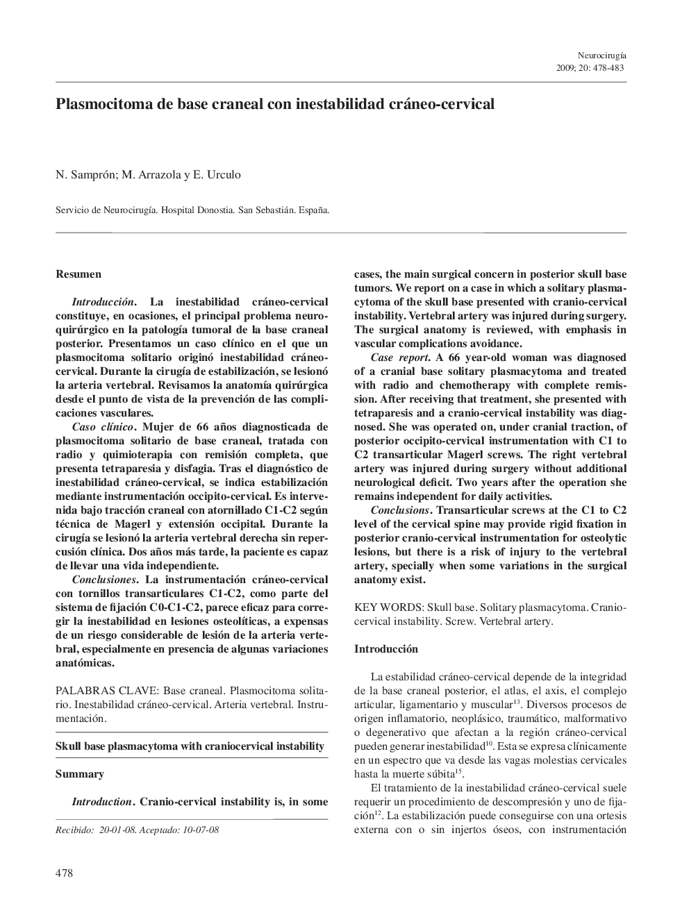 Plasmocitoma de base craneal con inestabilidad cráneo-cervical