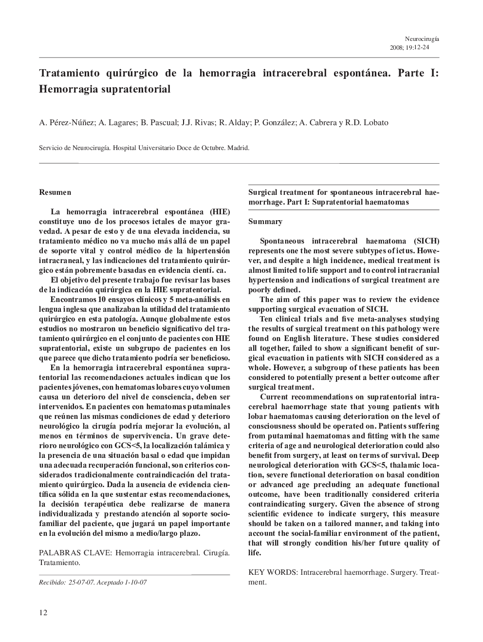 Tratamiento quirúrgico de la hemorragia intracerebral espontánea. Parte I: Hemorragia supratentorial