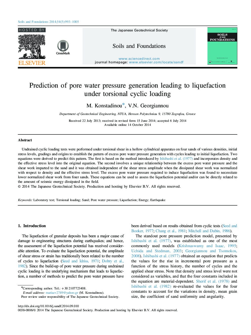 Prediction of pore water pressure generation leading to liquefaction under torsional cyclic loading 