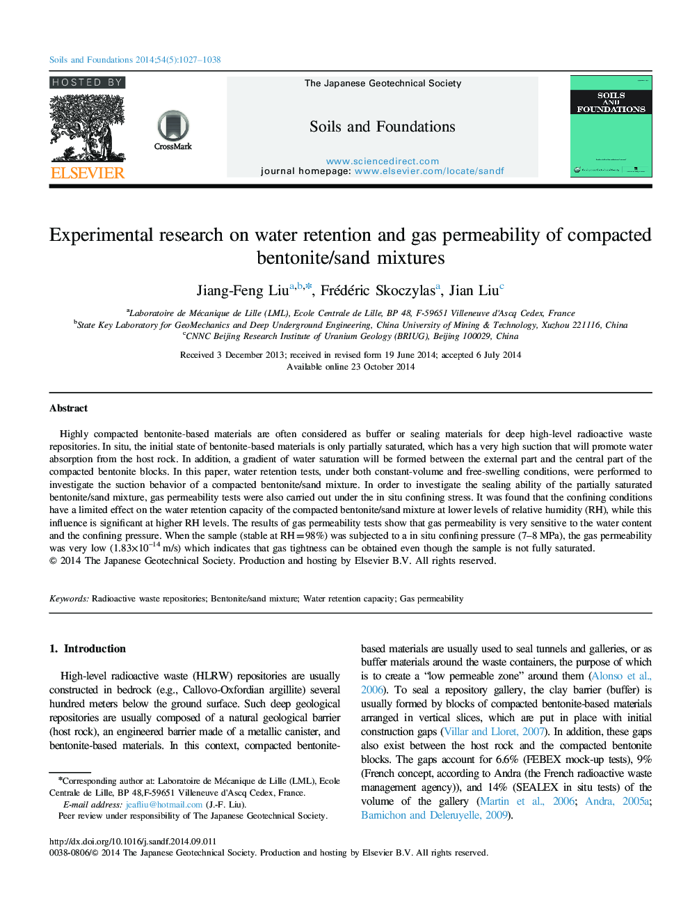 Experimental research on water retention and gas permeability of compacted bentonite/sand mixtures 