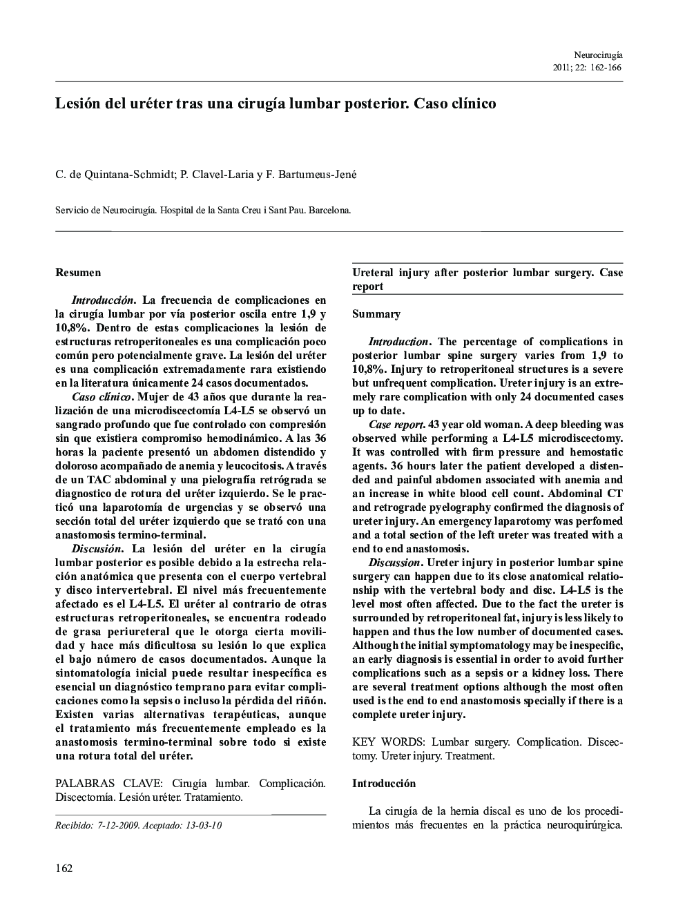 Lesión del uréter tras una cirugÃ­a lumbar posterior. Caso clÃ­nico