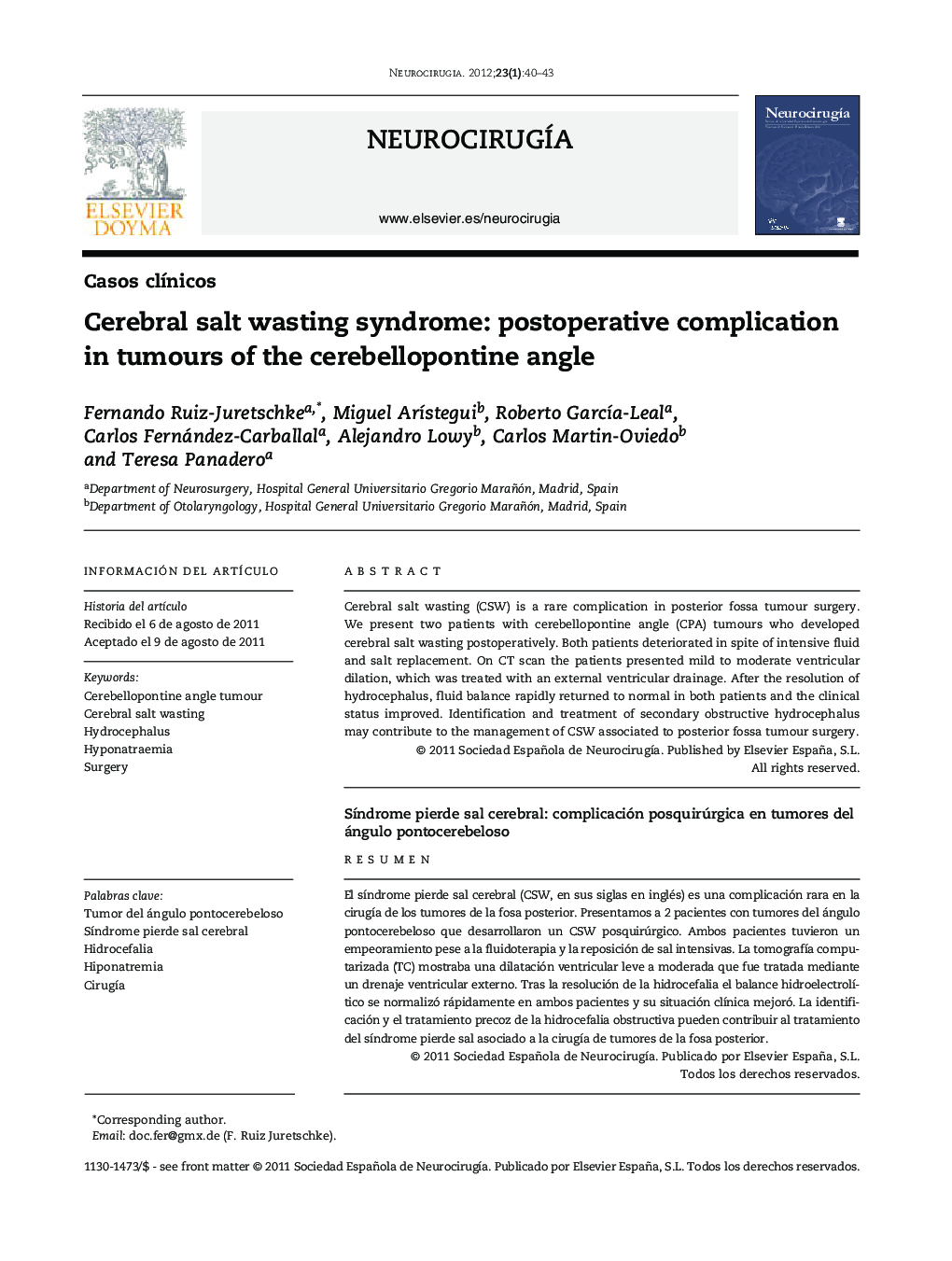 Cerebral salt wasting syndrome: postoperative complication in tumours of the cerebellopontine angle