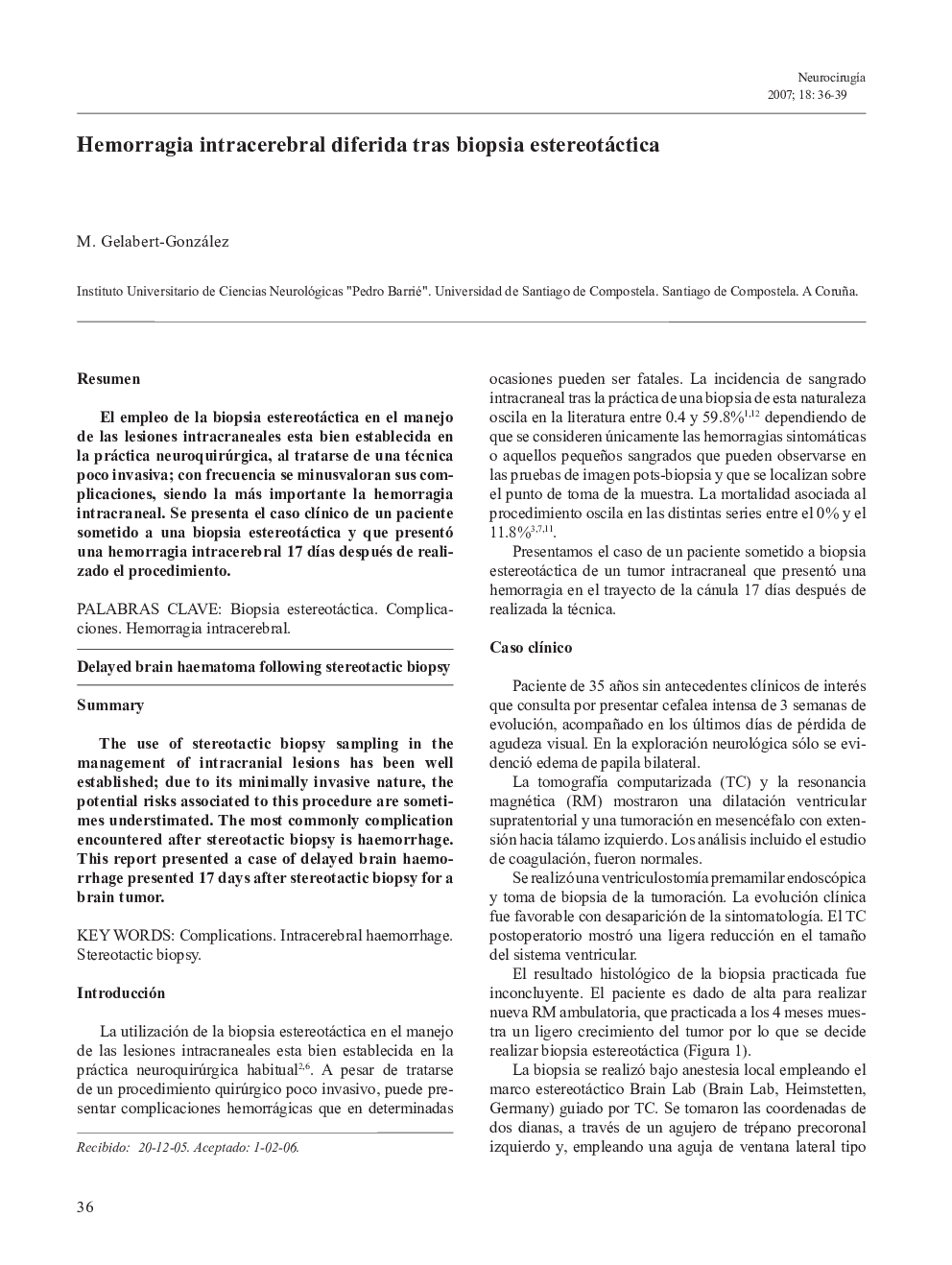 Hemorragia intracerebral diferida tras biopsia estereotáctica