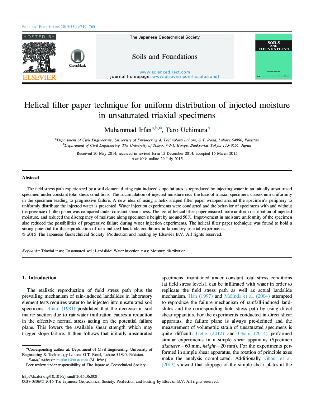 Helical filter paper technique for uniform distribution of injected moisture in unsaturated triaxial specimens 