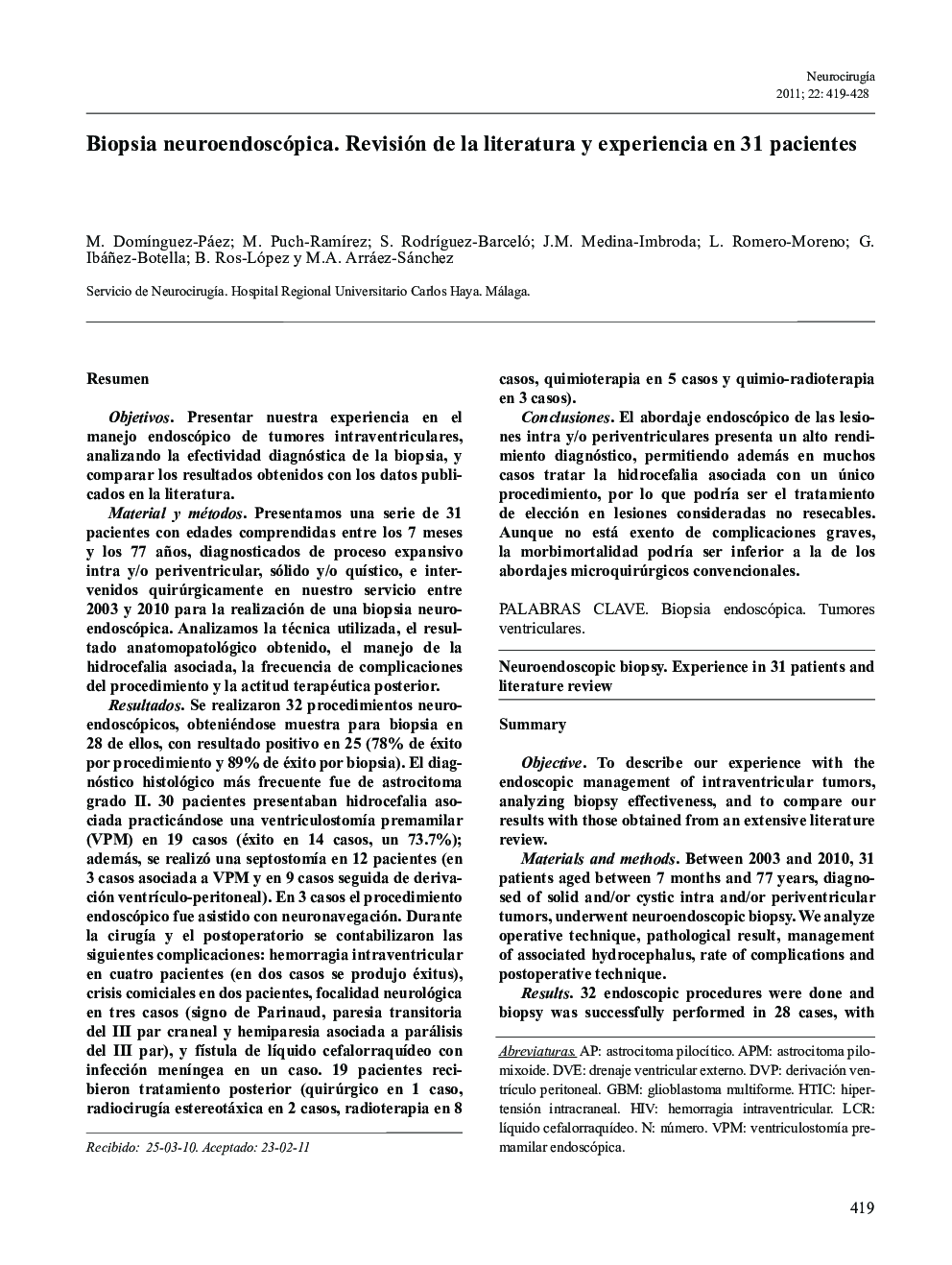 Biopsia neuroendoscópica. Revisión de la literatura y experiencia en 31 pacientes