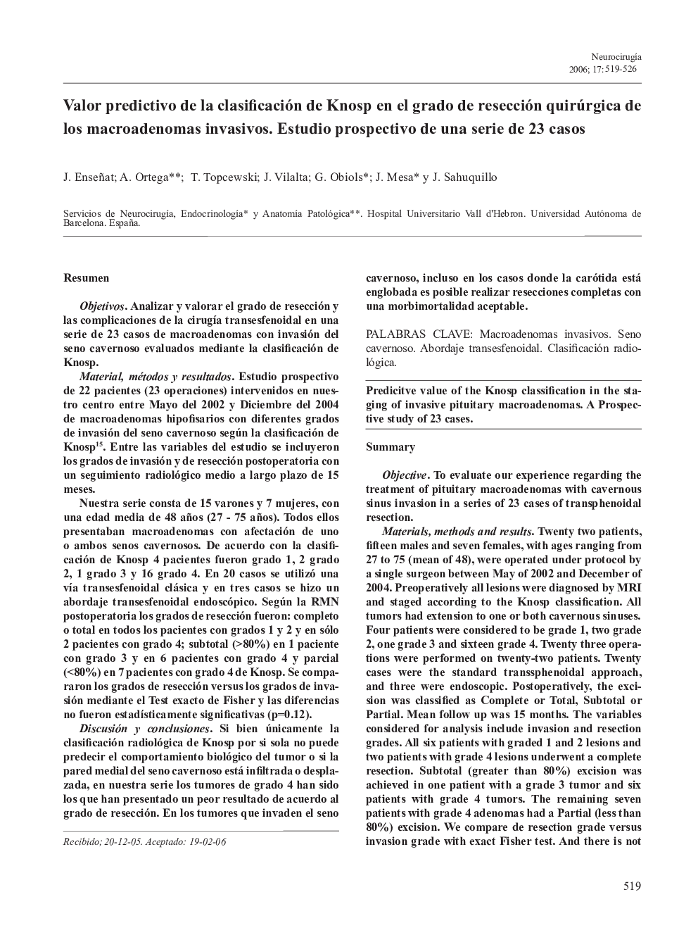 Valor predictivo de la clasificación de Knosp en el grado de resección quirúrgica de los macroadenomas invasivos. Estudio prospectivo de una serie de 23 casos