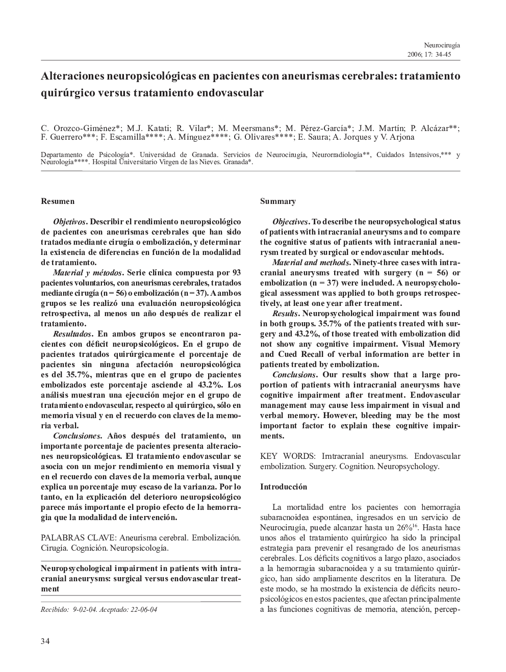 Alteraciones neuropsicológicas en pacientes con aneurismas cerebrales: tratamiento quirúrgico versus tratamiento endovascular