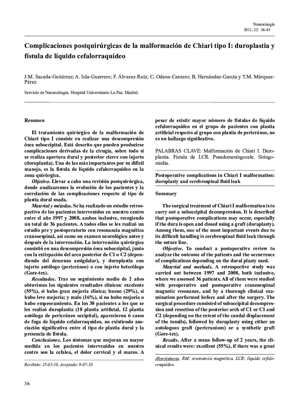 Complicaciones postquirúrgicas de la malformación de Chiari tipo I: duroplastia y fÃ­stula de lÃ­quido cefalorraquÃ­deo