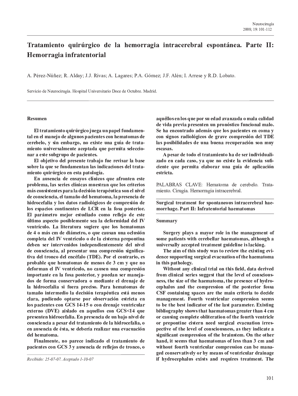 Tratamiento quirúrgico de la hemorragia intracerebral espontánea. Parte II: Hemorragia infratentorial