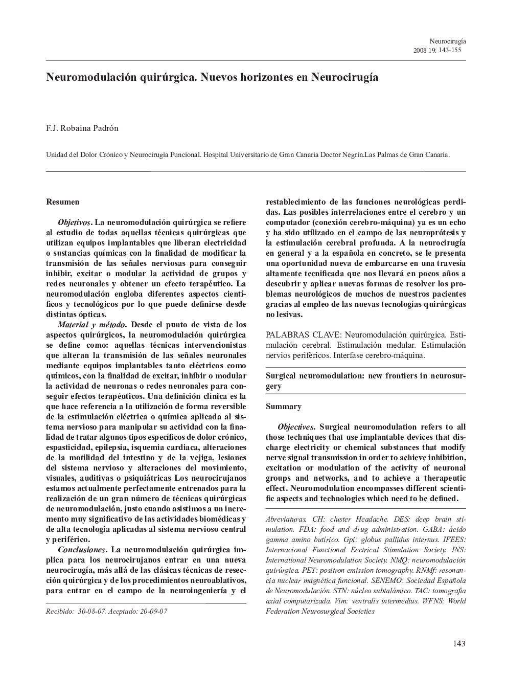 Neuromodulación quirúrgica. Nuevos horizontes en NeurocirugÃ­a