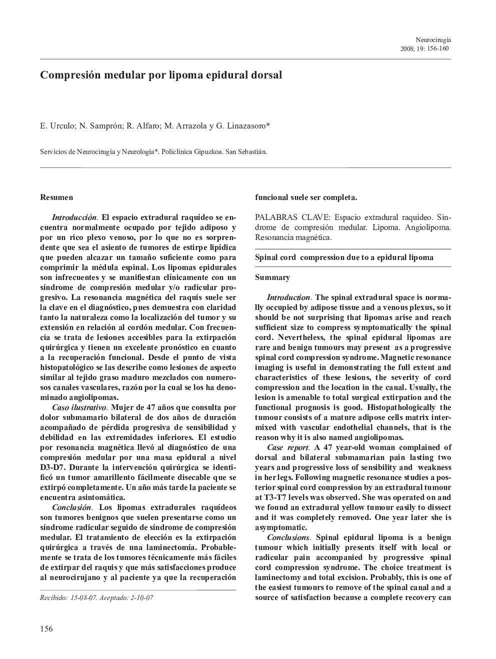 Compresión medular por lipoma epidural dorsal