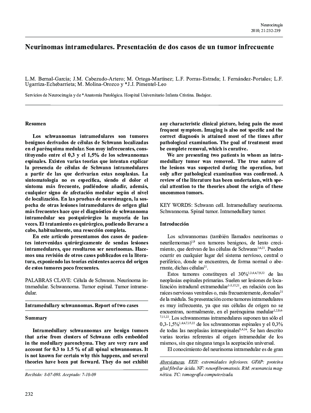 Neurinomas intramedulares. Presentación de dos casos de un tumor infrecuente