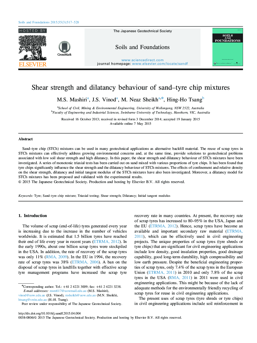 Shear strength and dilatancy behaviour of sand–tyre chip mixtures 