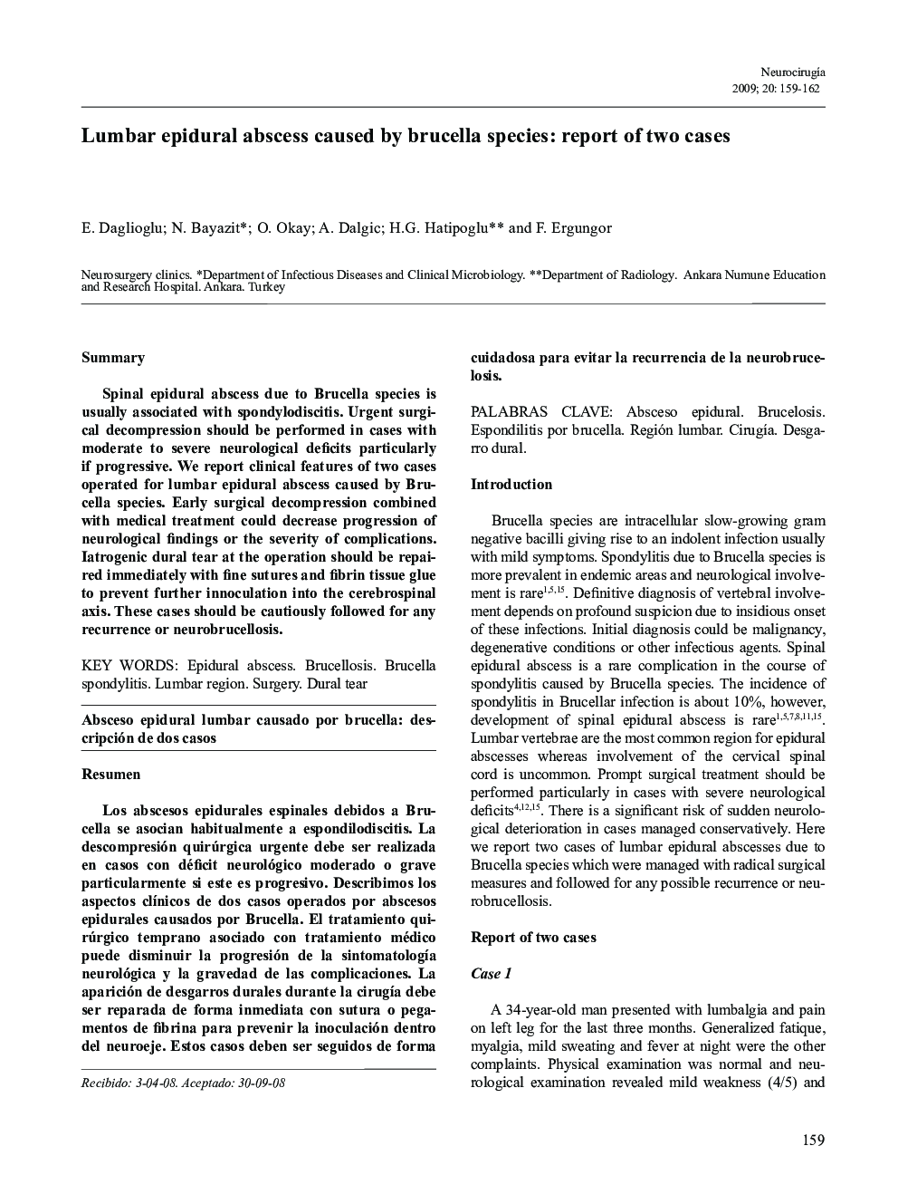 Lumbar epidural abscess caused by brucella species: report of two cases