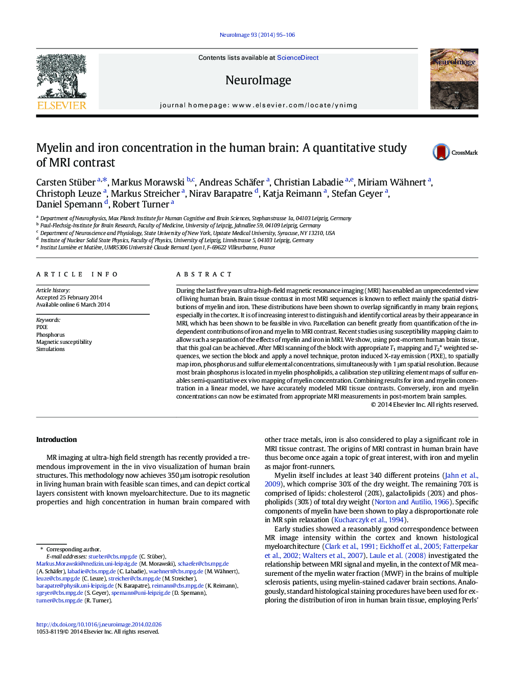 Myelin and iron concentration in the human brain: A quantitative study of MRI contrast