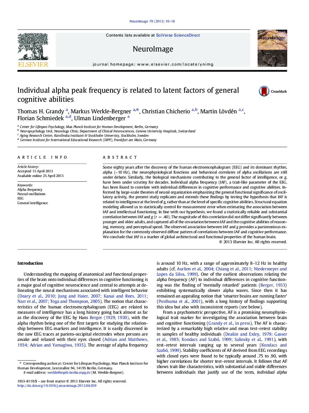 Individual alpha peak frequency is related to latent factors of general cognitive abilities