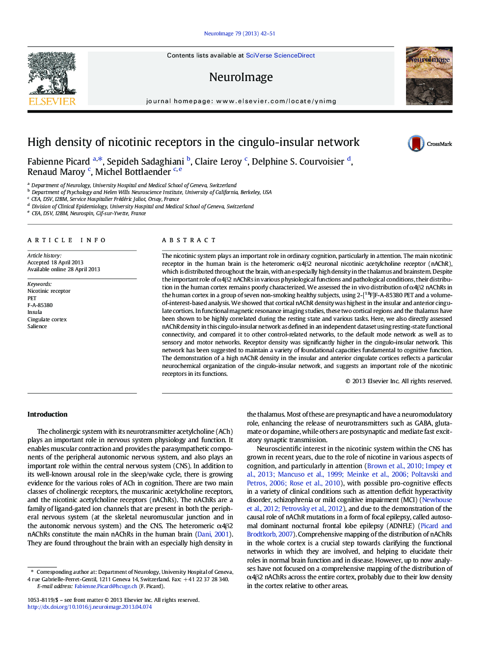 High density of nicotinic receptors in the cingulo-insular network