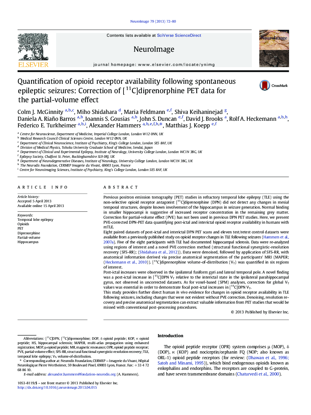 Quantification of opioid receptor availability following spontaneous epileptic seizures: Correction of [11C]diprenorphine PET data for the partial-volume effect