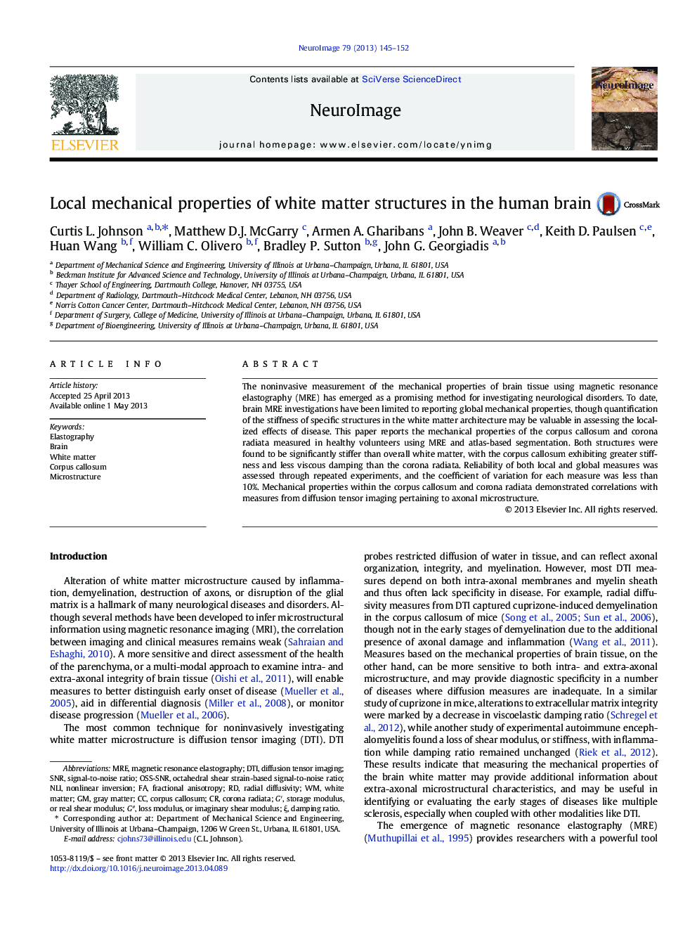 Local mechanical properties of white matter structures in the human brain