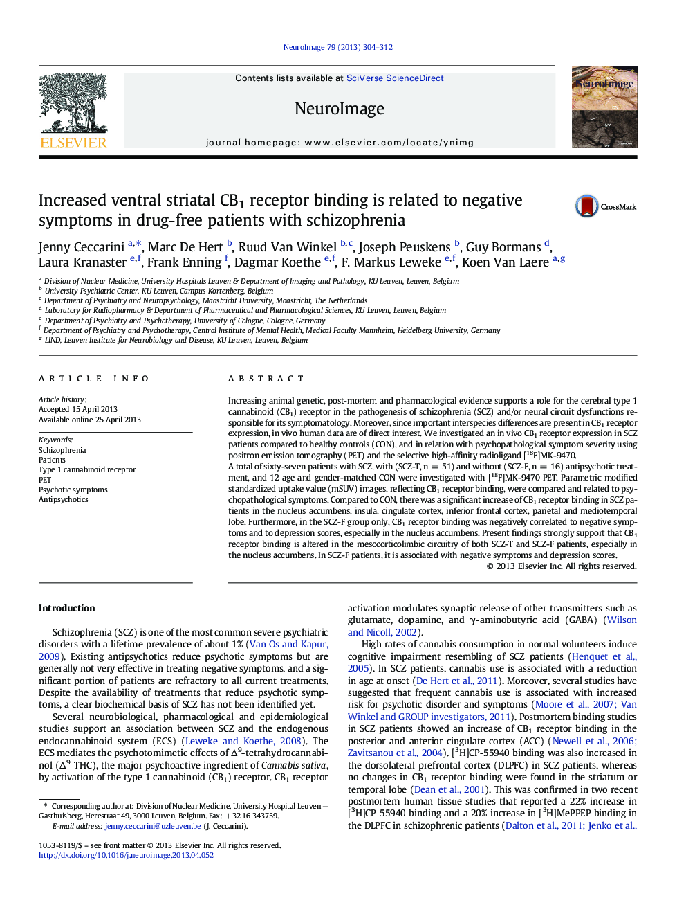 عکس صفحه اول مقاله: Increased ventral striatal CB1 receptor binding is related to negative symptoms in drug-free patients with schizophrenia Increased ventral striatal CB1 receptor binding is related to negative symptoms in drug-free patients with schizophrenia