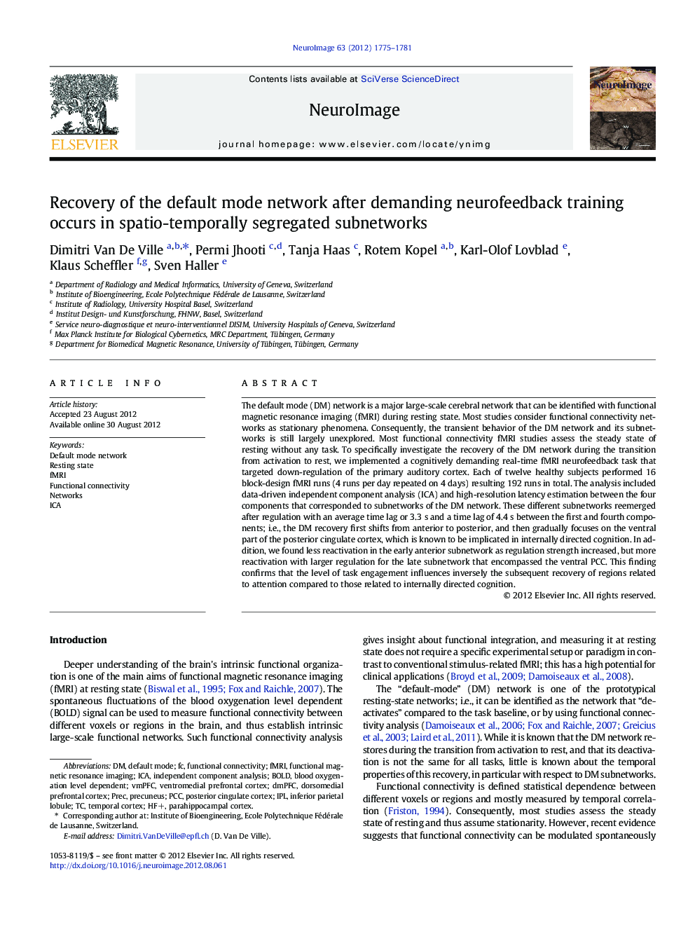 Recovery of the default mode network after demanding neurofeedback training occurs in spatio-temporally segregated subnetworks