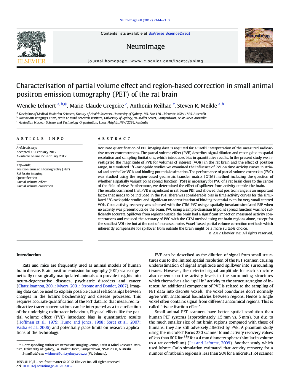 Characterisation of partial volume effect and region-based correction in small animal positron emission tomography (PET) of the rat brain