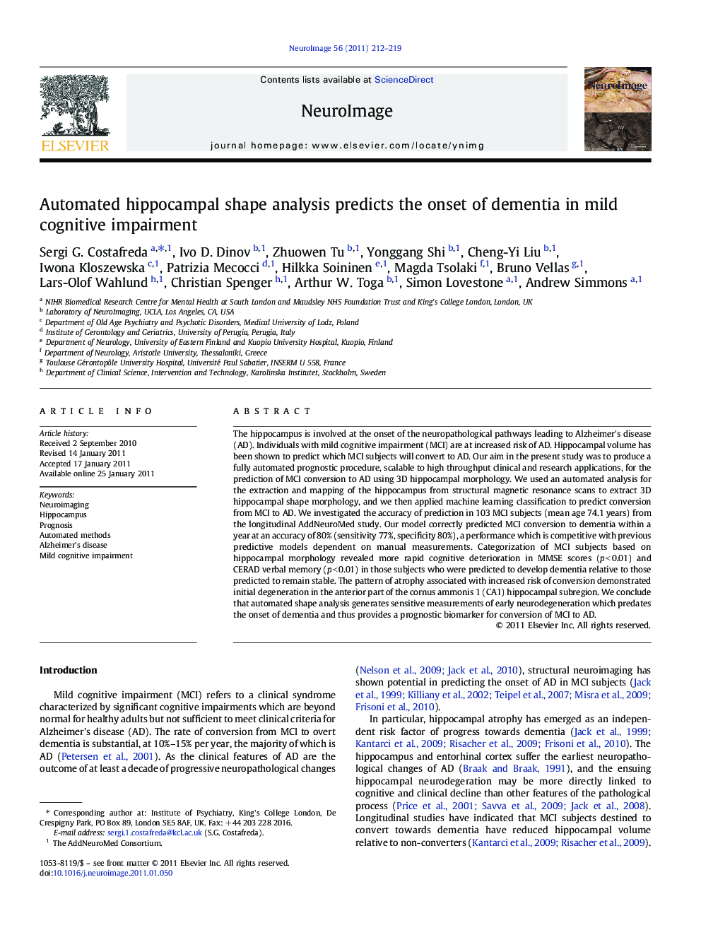 Automated hippocampal shape analysis predicts the onset of dementia in mild cognitive impairment