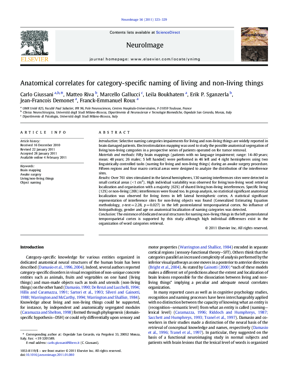 Anatomical correlates for category-specific naming of living and non-living things